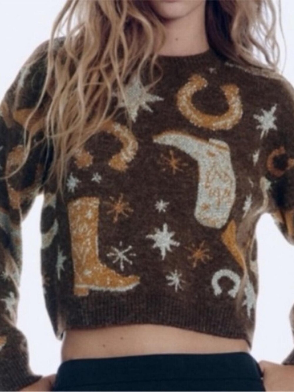 Zara Brown Glitter Metallic Cowboy Boot Horseshoe Jacquard Cropped Sweater